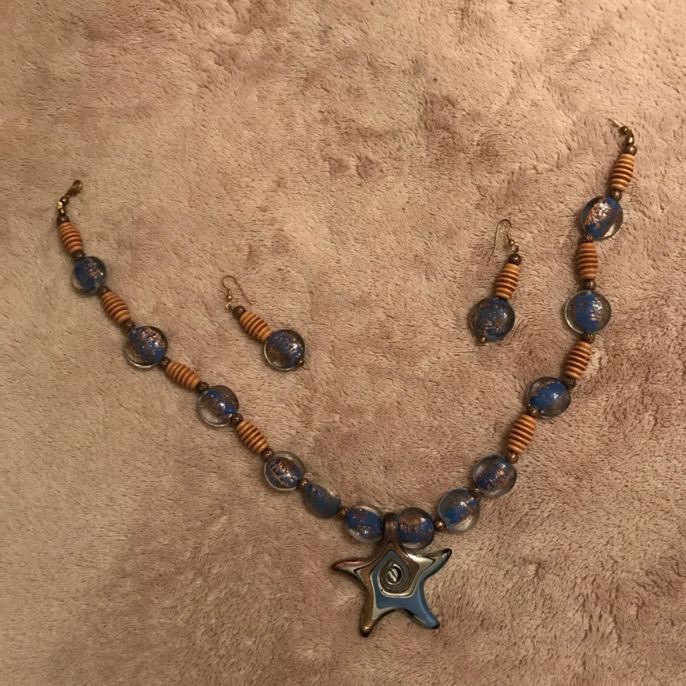 Glass gold dust necklace and earrings